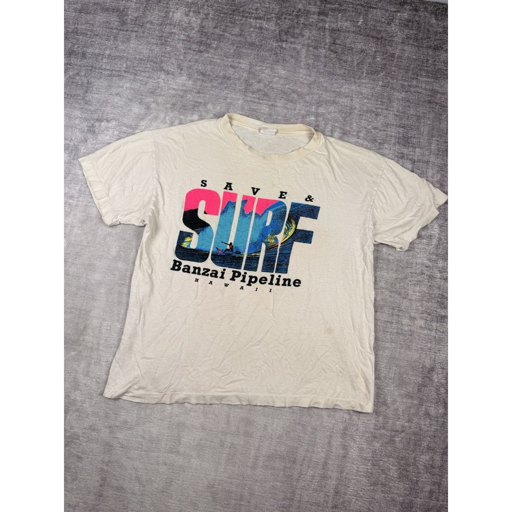 Vtg Surf Shirt Mens XL White Save & Surf Bazai Pipeline 90s‎ Single Stitch